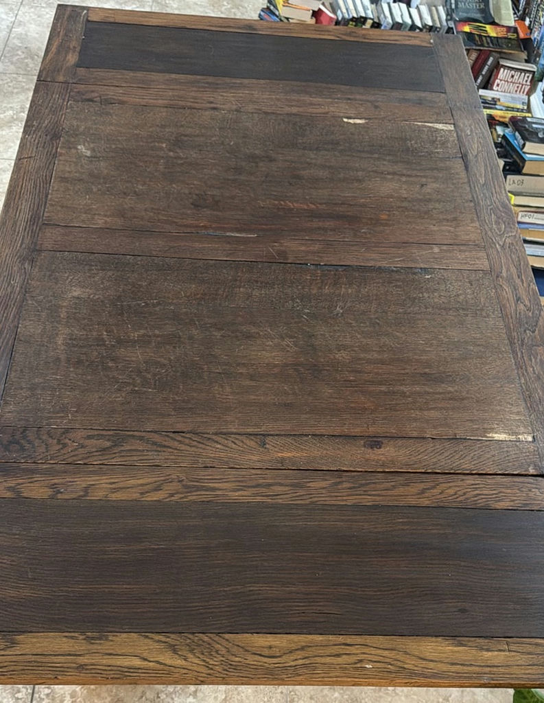 Dark wood dining table with panelled top and turned legs - image 2 of 8