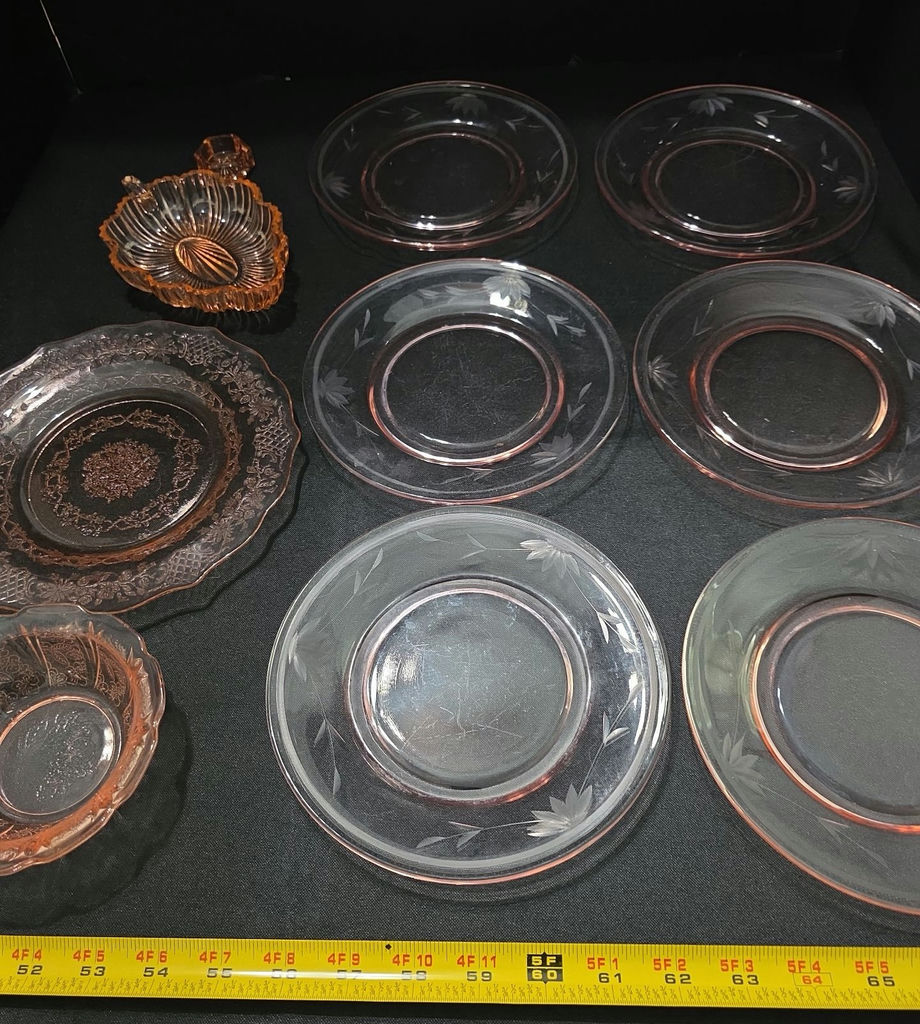 Pink etched glass dinnerware with amber accents - image 4 of 8