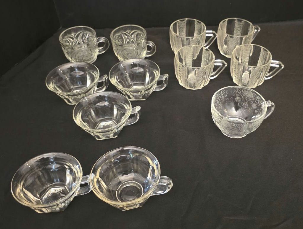 Clear glass teacups, mugs and etched bowls - image 1 of 6