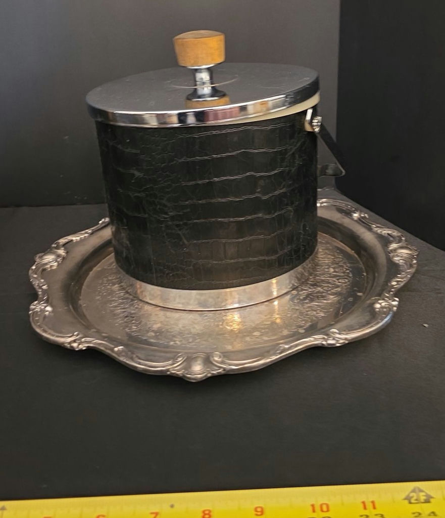 Vintage Silver Plated Ice Bucket and metal leather wrapped ice bucket with floral teacup and saucer on trays - image 4 of 4