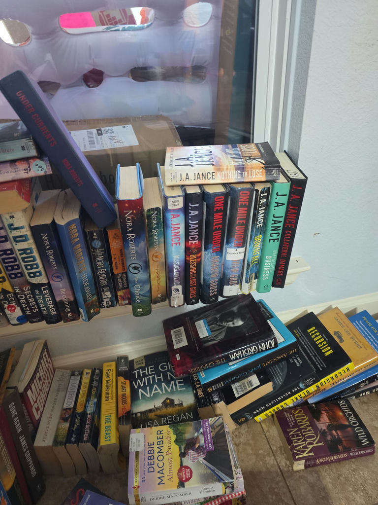 Assorted fiction books in stacks and boxes - image 8 of 10