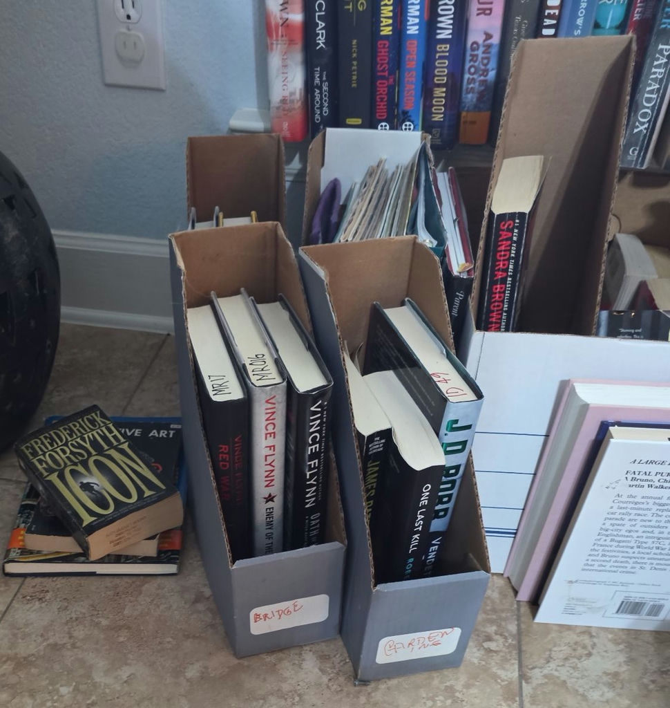 Assorted fiction books in stacks and boxes - image 3 of 10