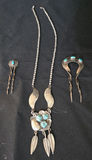 Turquoise Silver Necklace with Leaf Motifs and Matching Hairpins - thumbnail 1 of 4