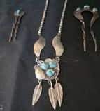 Turquoise Silver Necklace with Leaf Motifs and Matching Hairpins - thumbnail 2 of 4
