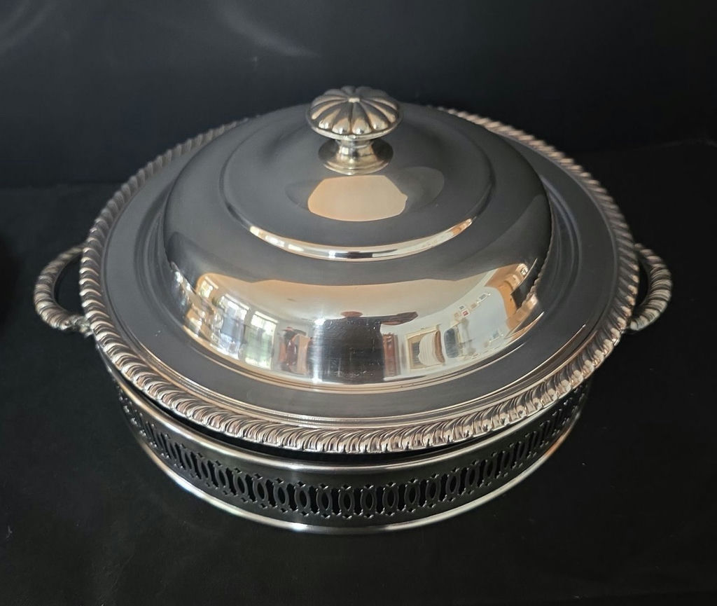 Silver-plated serving set with tray, chafing dish, and bowl - image 3 of 4