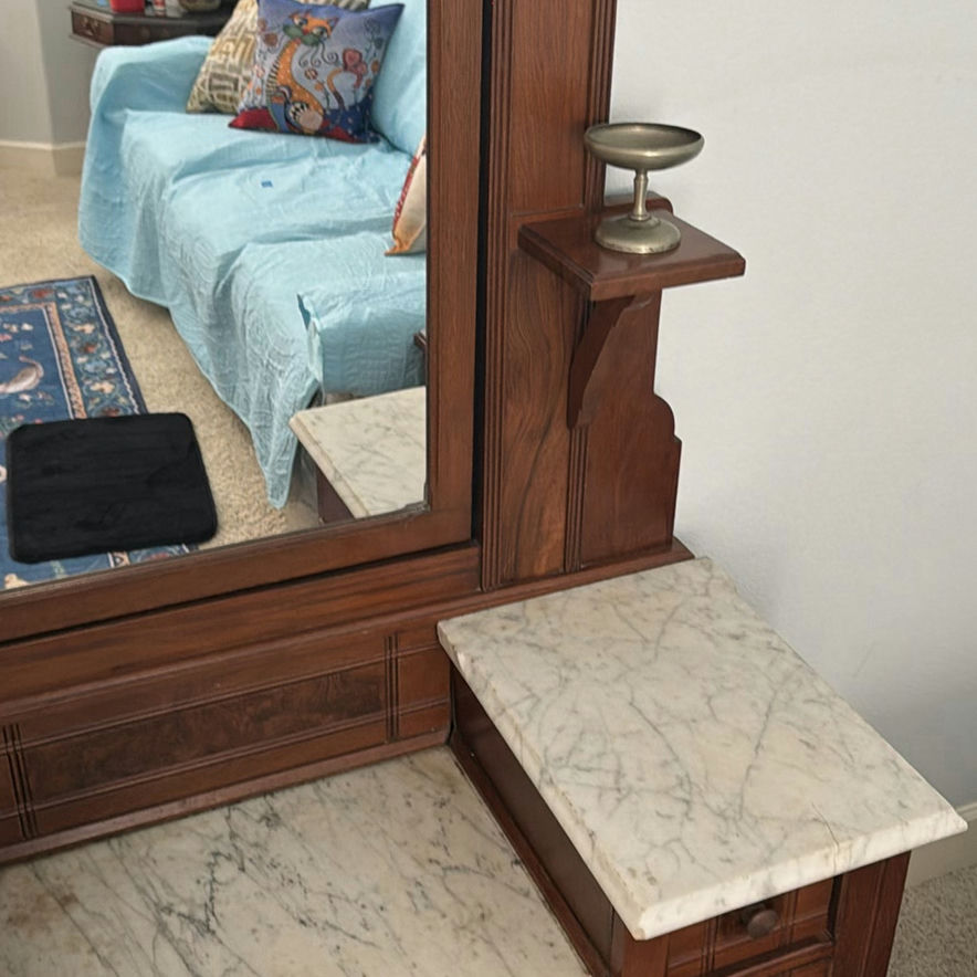 Antique wooden vanity with mirror and marble-topped side shelves - image 4 of 9