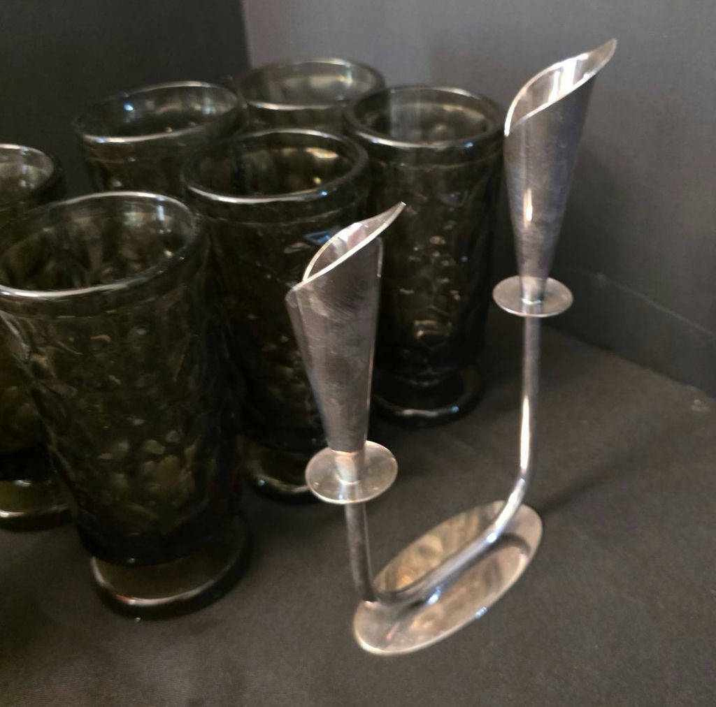 Six textured black glass tumblers with a matching black glass creamer and metal candleholders - image 2 of 5