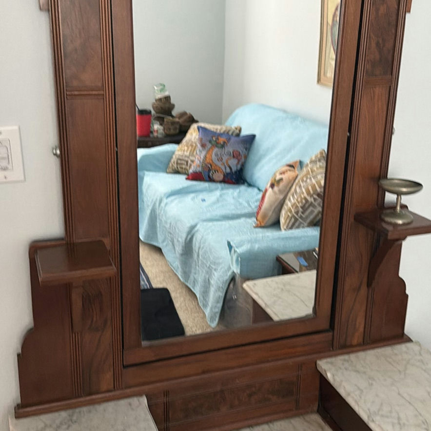 Antique wooden vanity with mirror and marble-topped side shelves - image 3 of 9