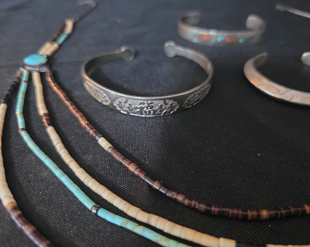 Silver engraved cuff bracelets with turquoise inlay and multi-strand beaded necklace - image 2 of 4