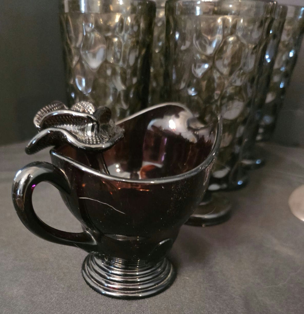 Six textured black glass tumblers with a matching black glass creamer and metal candleholders - image 4 of 5