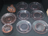 Pink etched glass dinnerware with amber accents - thumbnail 1 of 8