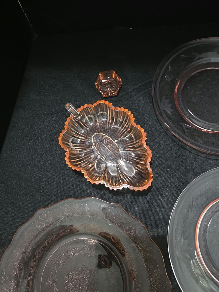 Pink etched glass dinnerware with amber accents - image 6 of 8