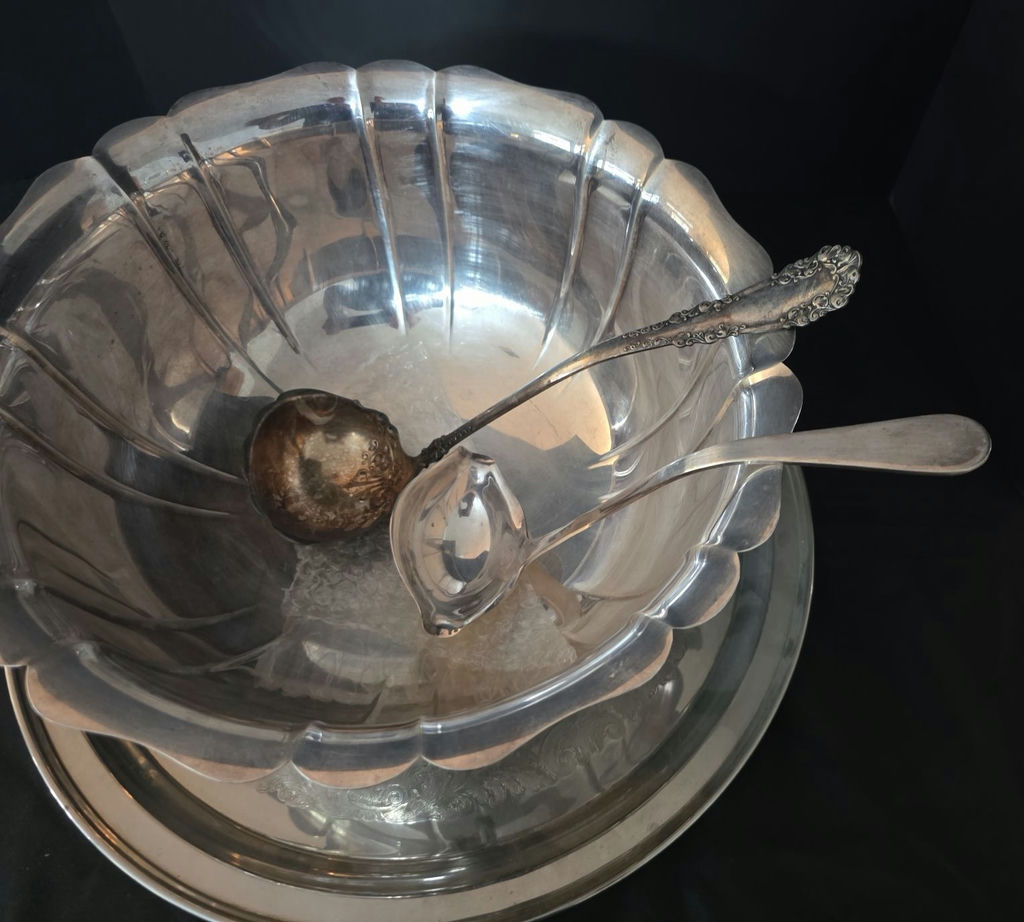 Gorham silverplate punch bowl with tray and serving spoons - image 2 of 6