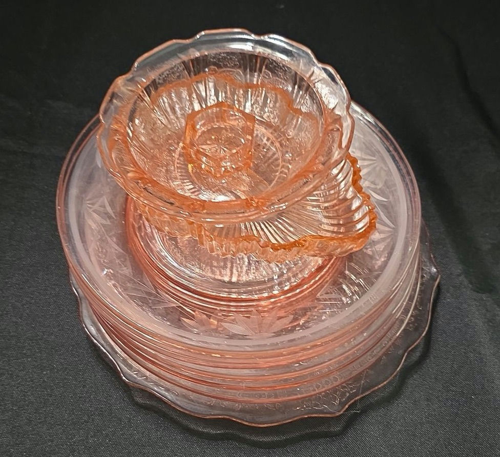 Pink etched glass dinnerware with amber accents - image 8 of 8