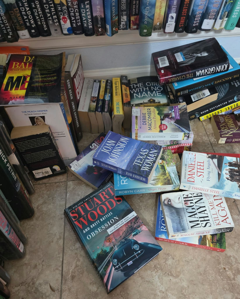 Assorted fiction books in stacks and boxes - image 9 of 10