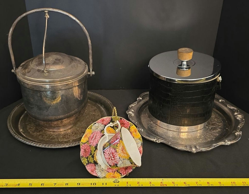 Vintage Silver Plated Ice Bucket and metal leather wrapped ice bucket with floral teacup and saucer on trays - image 1 of 4