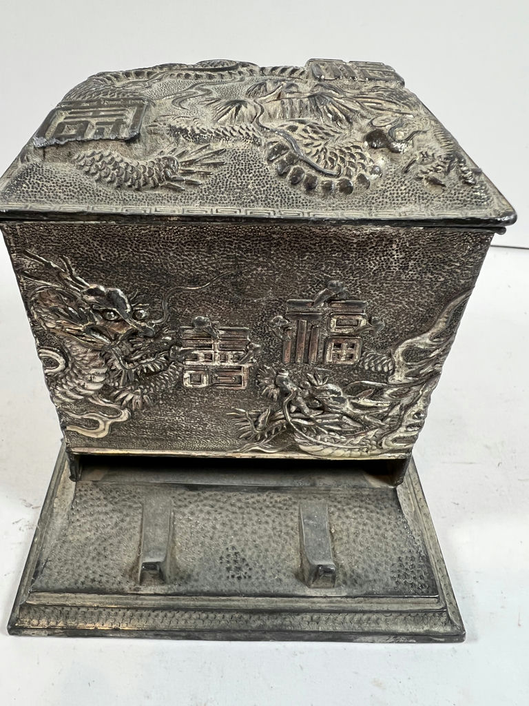 ANTIQUE Dragon relief CIGARETTE DISPENSER metal box on stand - image 3 of 8