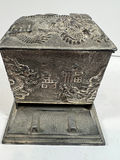 ANTIQUE Dragon relief CIGARETTE DISPENSER metal box on stand - thumbnail 3 of 8