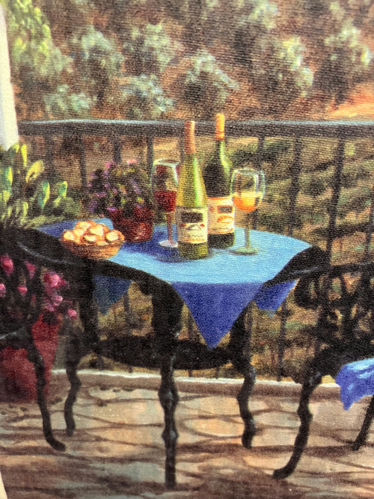 Terrace scene painting with table, chairs, wine and flowers 27" X 27" - image 3 of 5
