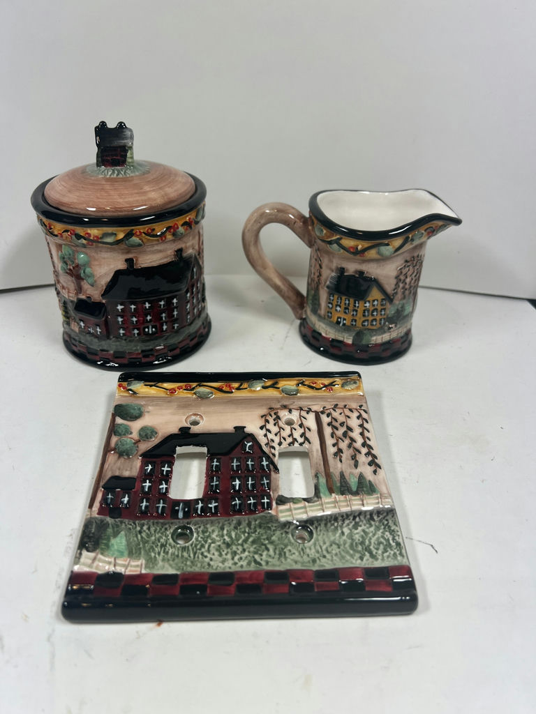 Village Scene Ceramic Jar, Pitcher, and Switch Cover Plate - image 1 of 5