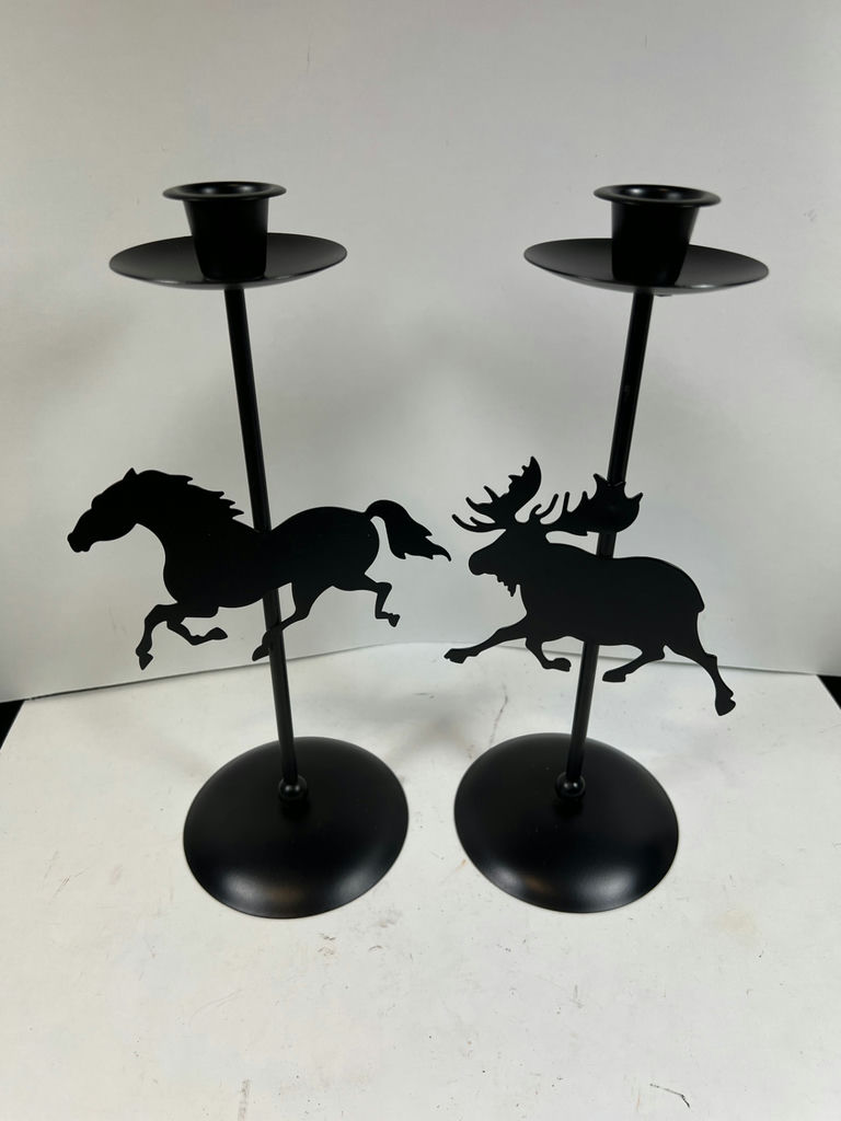 Pair of black metal candle holders with horse and moose silhouettes - image 1 of 4