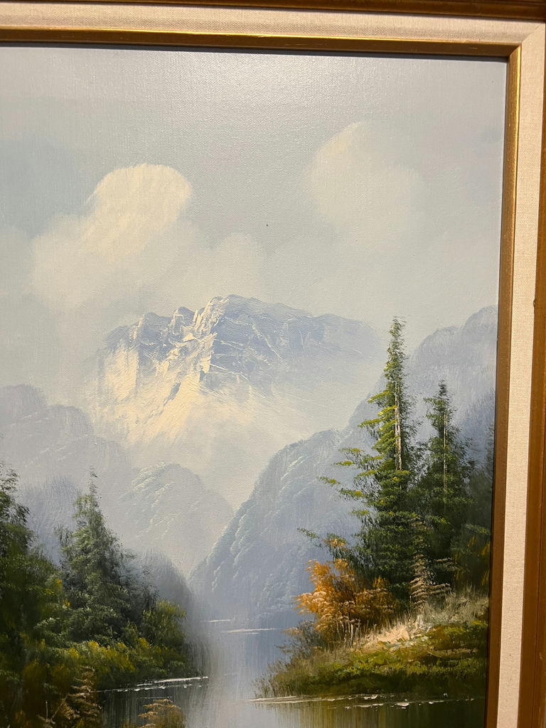 Framed landscape painting of mountains, lake, and trees 27" X 25" - image 5 of 5