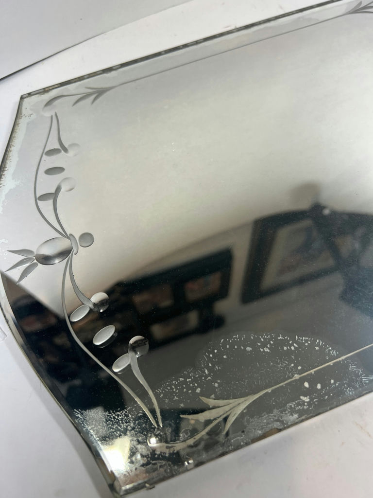 ANTIQUE Decorative etched glass wall mirror with floral vine border - 15" Long - image 4 of 6
