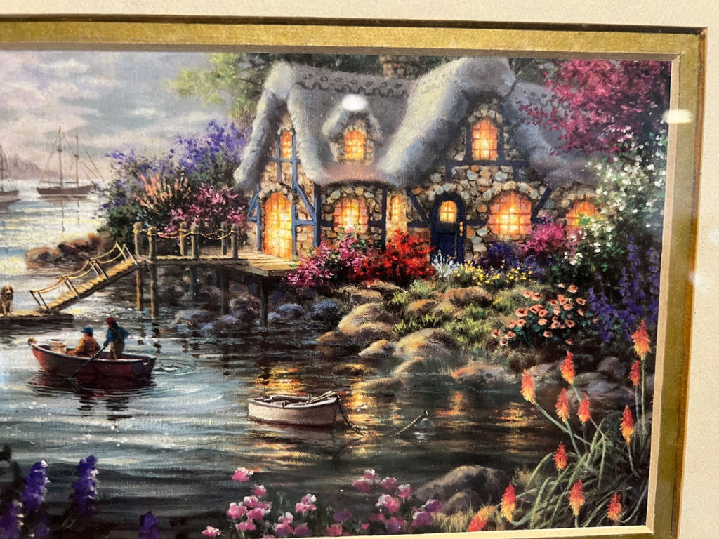 Framed harbor scene with cottage and boats 13 X 10 - image 2 of 3