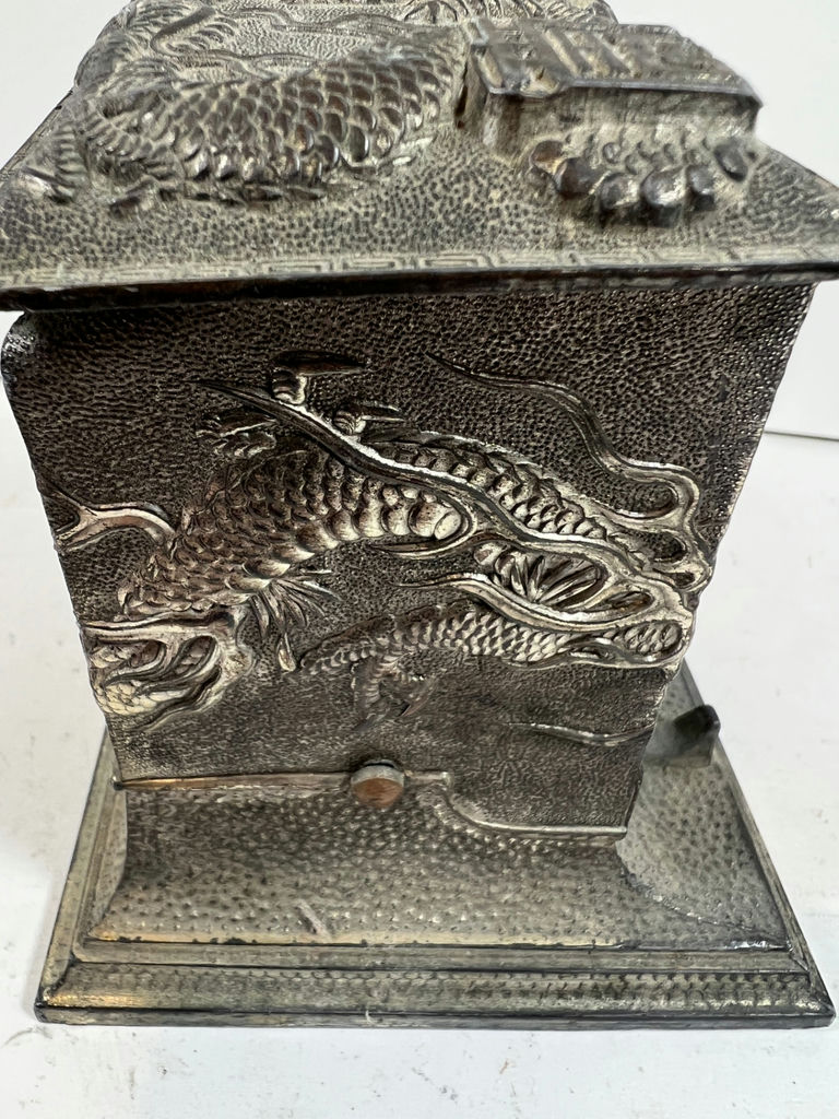 ANTIQUE Dragon relief CIGARETTE DISPENSER metal box on stand - image 6 of 8