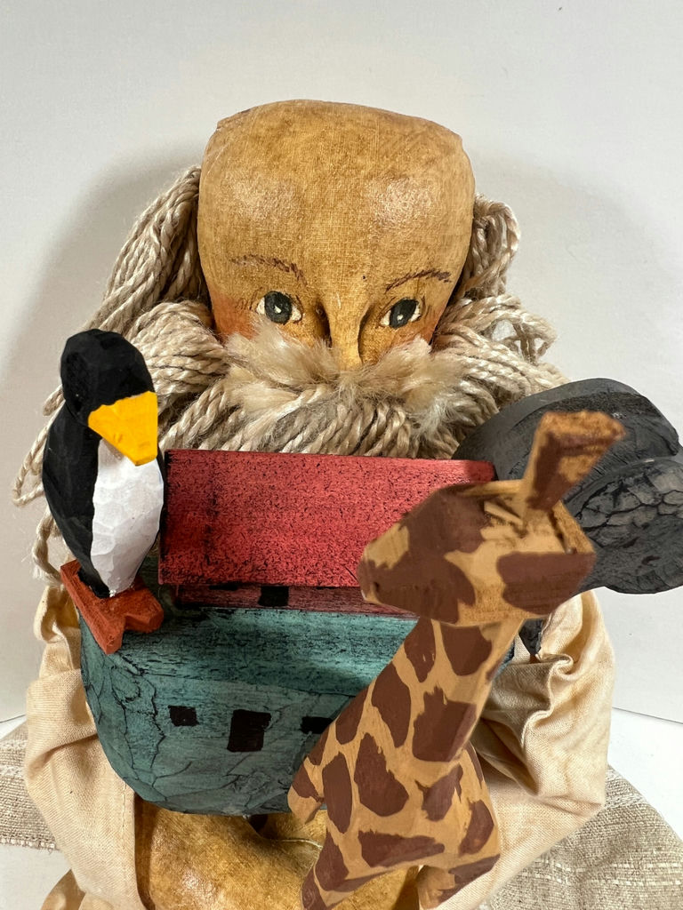 SIGNED Primitive folk-art doll "NOAH" with rope hair and decorative animal figures - image 2 of 4