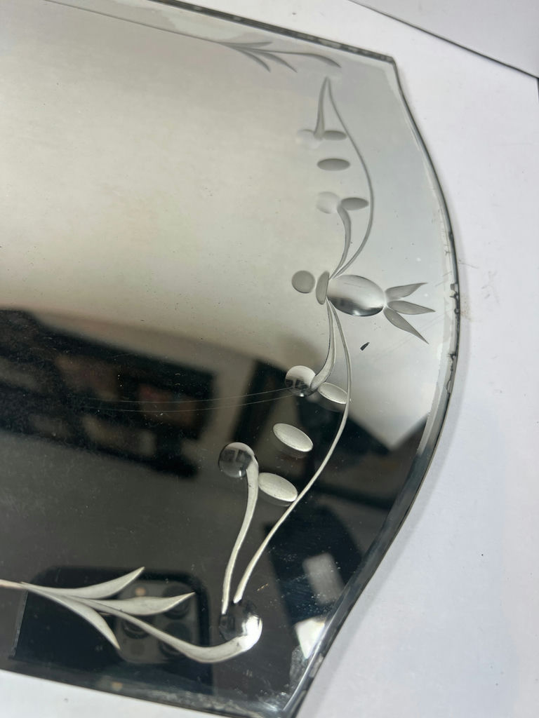 ANTIQUE Decorative etched glass wall mirror with floral vine border - 15" Long - image 3 of 6
