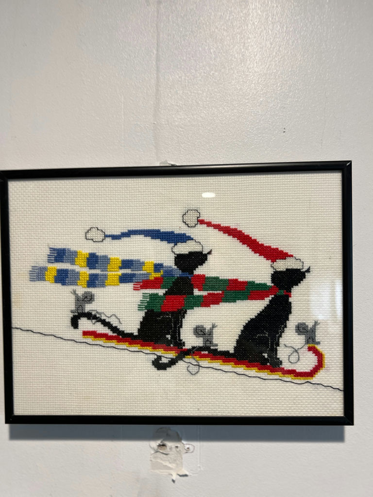 Framed Cross-Stitch of Two Cats in Santa Hats with Scarves 11 X 8 - image 1 of 3