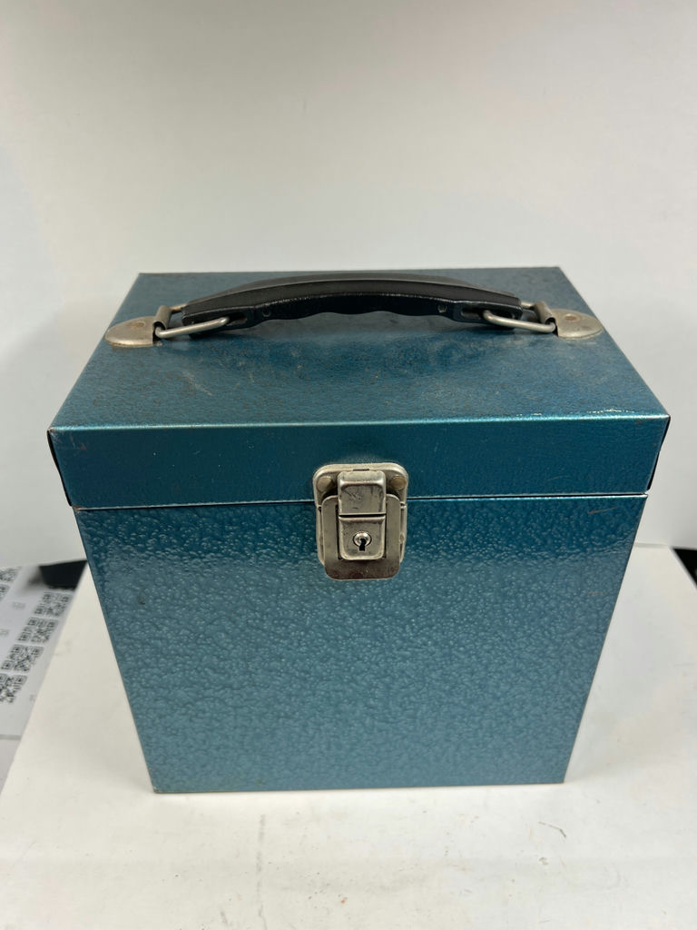 Blue storage box with a collection of 60 vintage 45 RPM vinyl singles - image 1 of 17