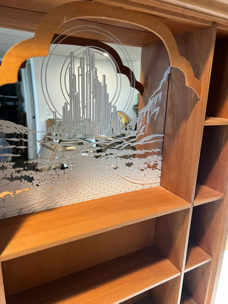 Wooden display cabinet with etched "Wizrd of Oz" mirrored back - 21" x 18-1/2" - image 2 of 3