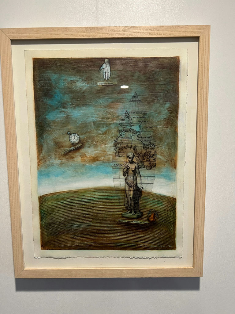 Mixed-media collage: India map and classical statue with time motifs - image 1 of 4