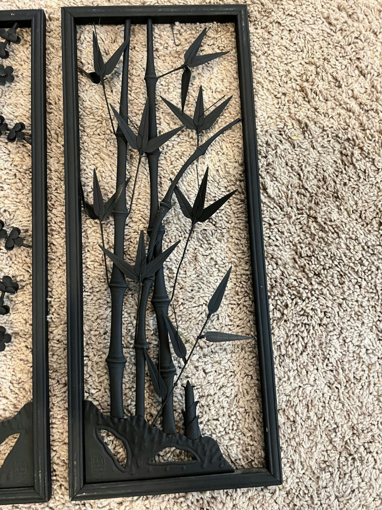 Two black metal wall art panels with bamboo and flowering vine motifs 20 X 9 each - image 3 of 3