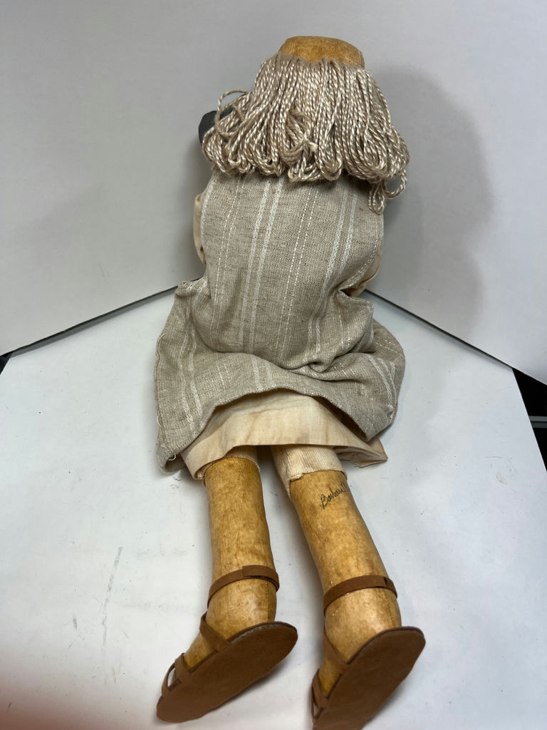 SIGNED Primitive folk-art doll "NOAH" with rope hair and decorative animal figures - image 4 of 4