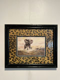 Framed elephant wildlife art print with leopard print mat 12 X 10 - thumbnail 1 of 4