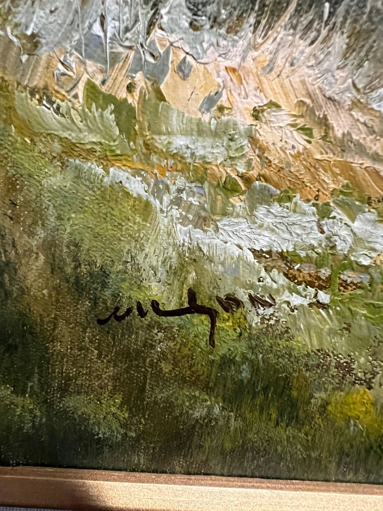 Framed landscape painting of mountains, lake, and trees 27" X 25" - image 3 of 5