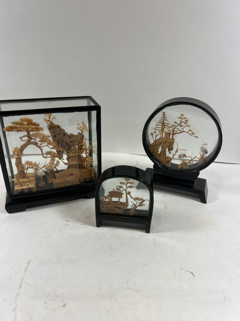 Set of glass-display carved landscape dioramas - image 1 of 4