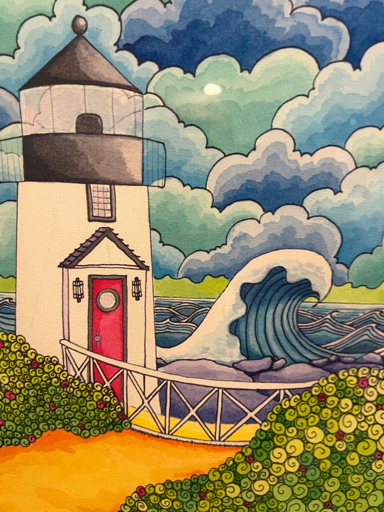 Lighthouse with red door and spiraled greenery 17" x 20" - image 3 of 4