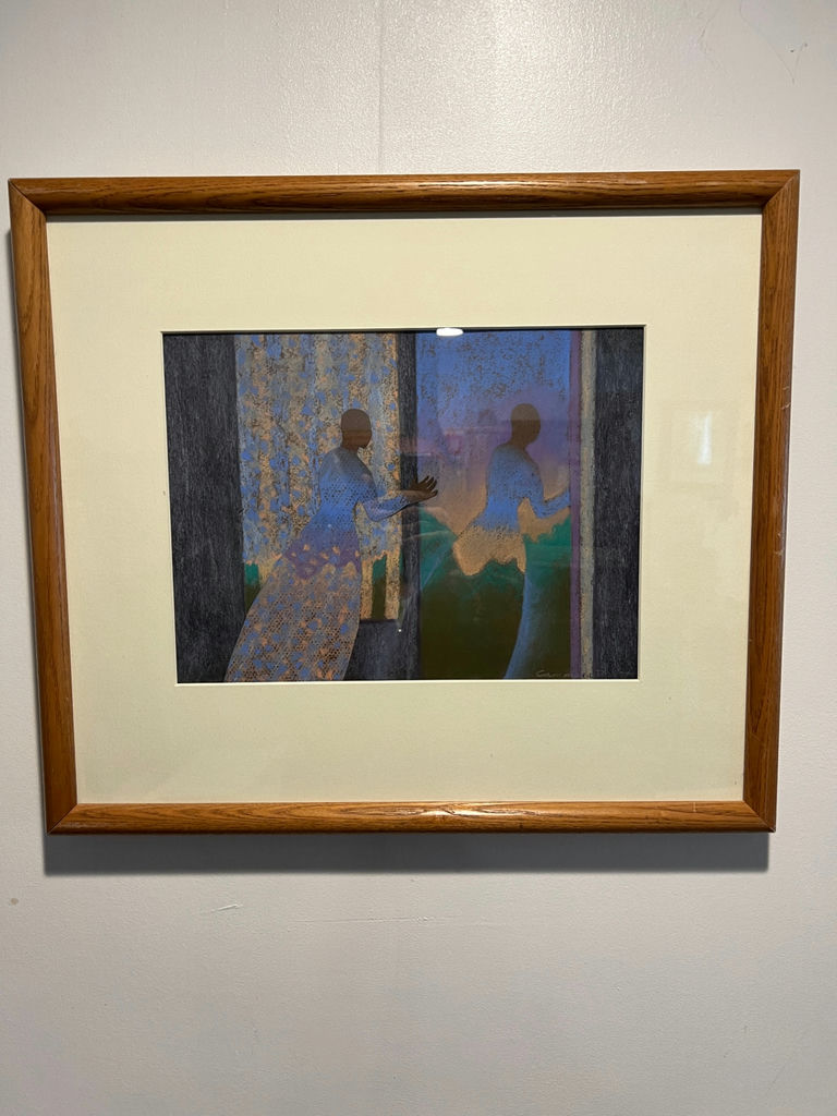 Framed abstract print with packaging labels 19" x 17" - image 1 of 4