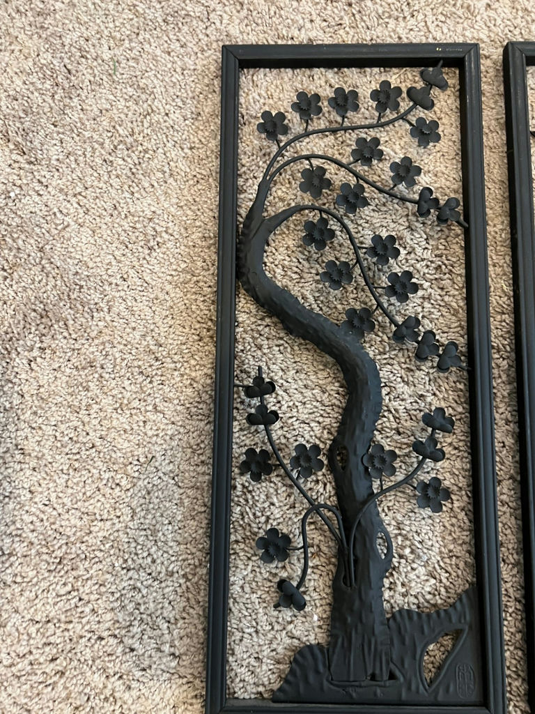 Two black metal wall art panels with bamboo and flowering vine motifs 20 X 9 each - image 2 of 3