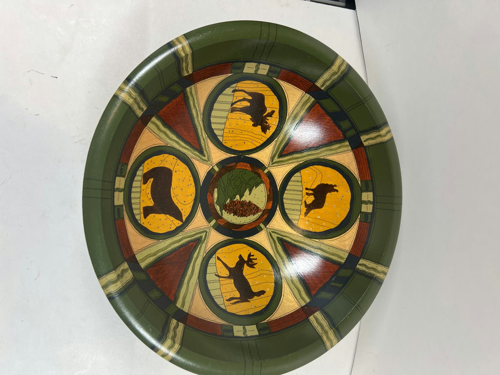 Decorative hand-painted wooden bowl with animal silhouettes - image 1 of 5