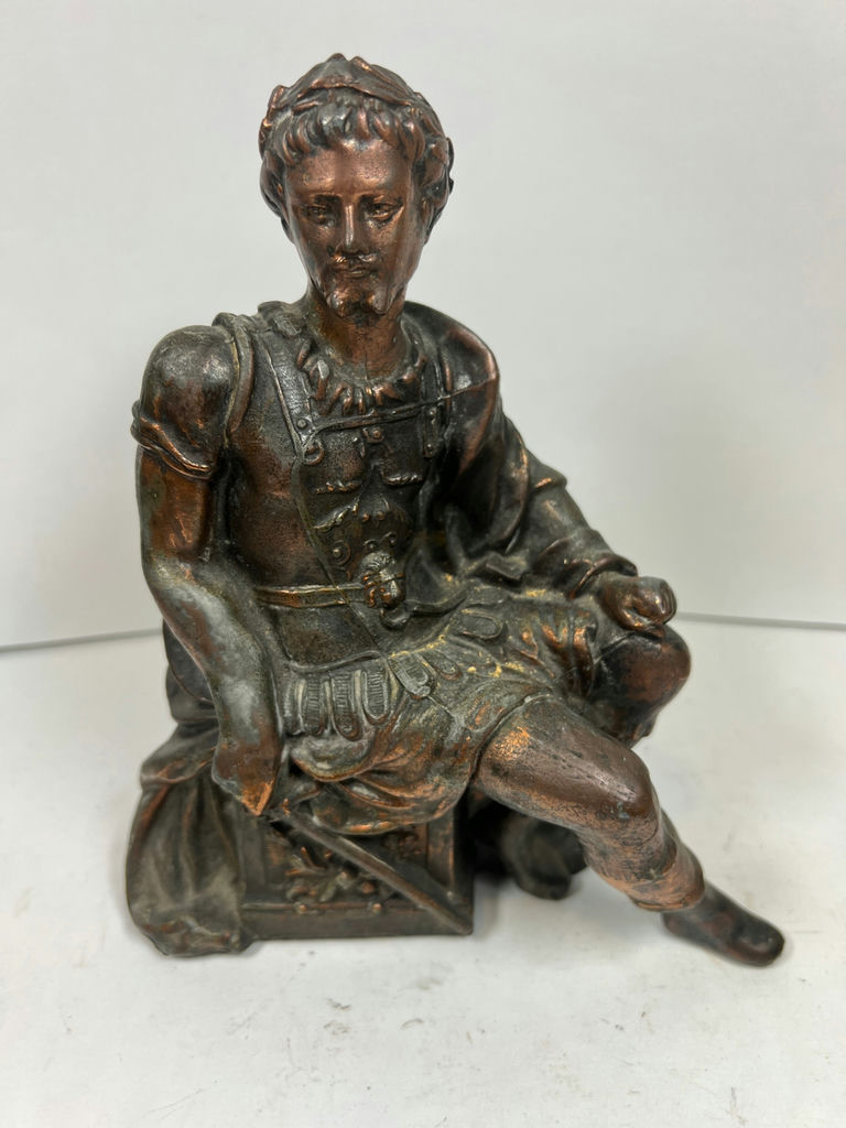 ANTIQUE Bronze-toned seated armored man statue - image 1 of 5