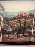 Terrace scene painting with table, chairs, wine and flowers 27" X 27" - thumbnail 2 of 5