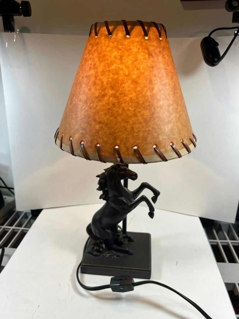 Horse-figurine table lamp with brown leather shade - 16" Tall - image 1 of 4