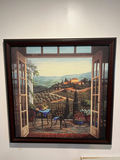 Terrace scene painting with table, chairs, wine and flowers 27" X 27" - thumbnail 1 of 5