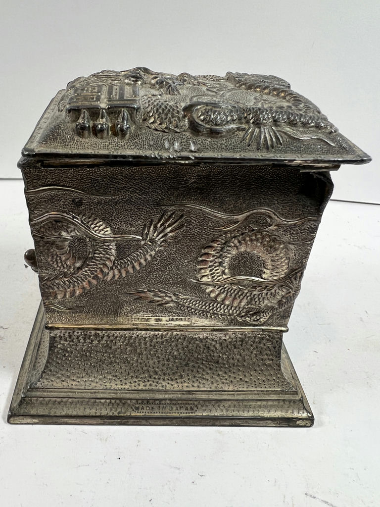 ANTIQUE Dragon relief CIGARETTE DISPENSER metal box on stand - image 5 of 8