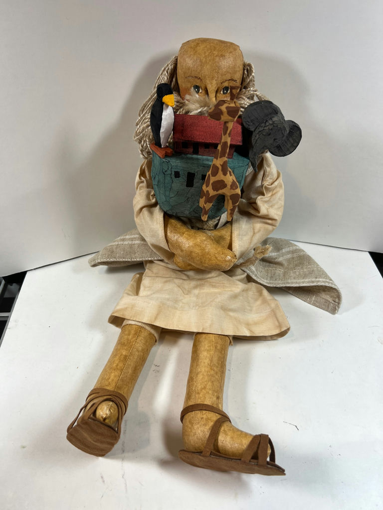 SIGNED Primitive folk-art doll "NOAH" with rope hair and decorative animal figures - image 1 of 4